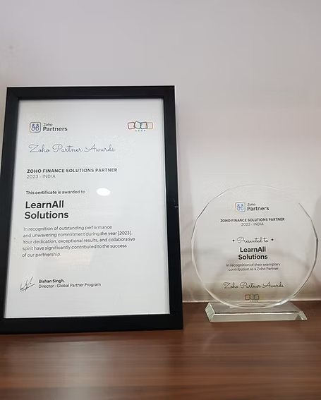 Zoho Finance Solutions Partner of the Year 2023, awarded to Learnall Solutions